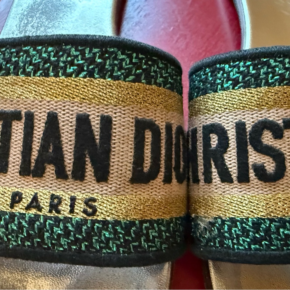 Christian Dior Dway Slides Lurex Embroidered Size 39 (US 9) Green/Gold With Box